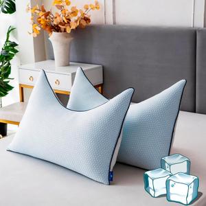 Cooling Pillow Queen Size Set of 2, Shredded Memory Foam Adjustable Loft, Slow Rebound Cervical Pillow for Neck Pain, Ice Silk & Breathable Cover for Side Back Stomach Sleepers, Queen PACK2