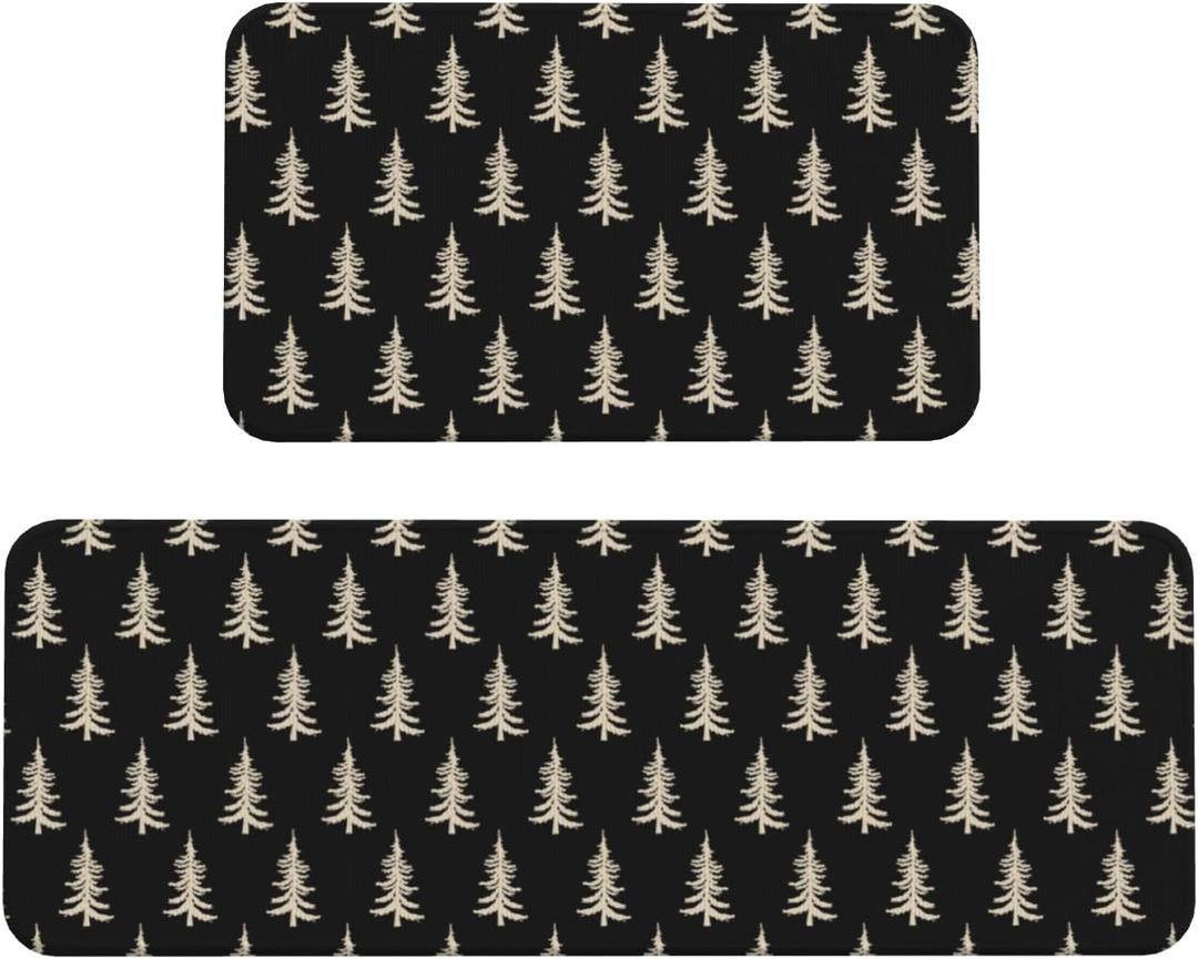 Black Christmas Kitchen Mats Set of 2 Cream Xmas Tree Print Winter Holiday Kitchen Rugs for Floor Home Decor Low-Profile Mats,17x29 and 17x47 Inch