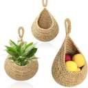 Hanging Baskets Set, 3 Pcs Boho Wall Hanging Basket with 6 Pcs Strong Hooks, Hand-Woven, Drop Molding, Used In Living Room or kitchen To Store Fruit and Vegetable And Potted Plants (Linen)