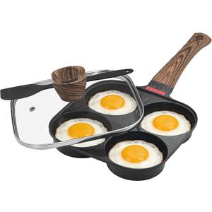 Nonstick 4-Cup Egg Pan With Lid, Black Aluminum Non Stick Frying Pans, Bakelite Handle, Healthy Egg Frying Pan For Pancake, Burger, Sandwiches,Suitable For Gas Stove & Induction Cooktop