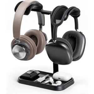 Dual Headphone Stand, Double Balanced Headset Stand with Storage Tray, Heavy Base Gaming Headset Holder for Desk (Black)