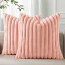 Pallene Faux Fur Plush Throw Pillow Covers 18x18 Set of 2, Luxury Soft Fluffy Striped Decorative Pillow Covers for Sofa, Couch, Living Room, Pink