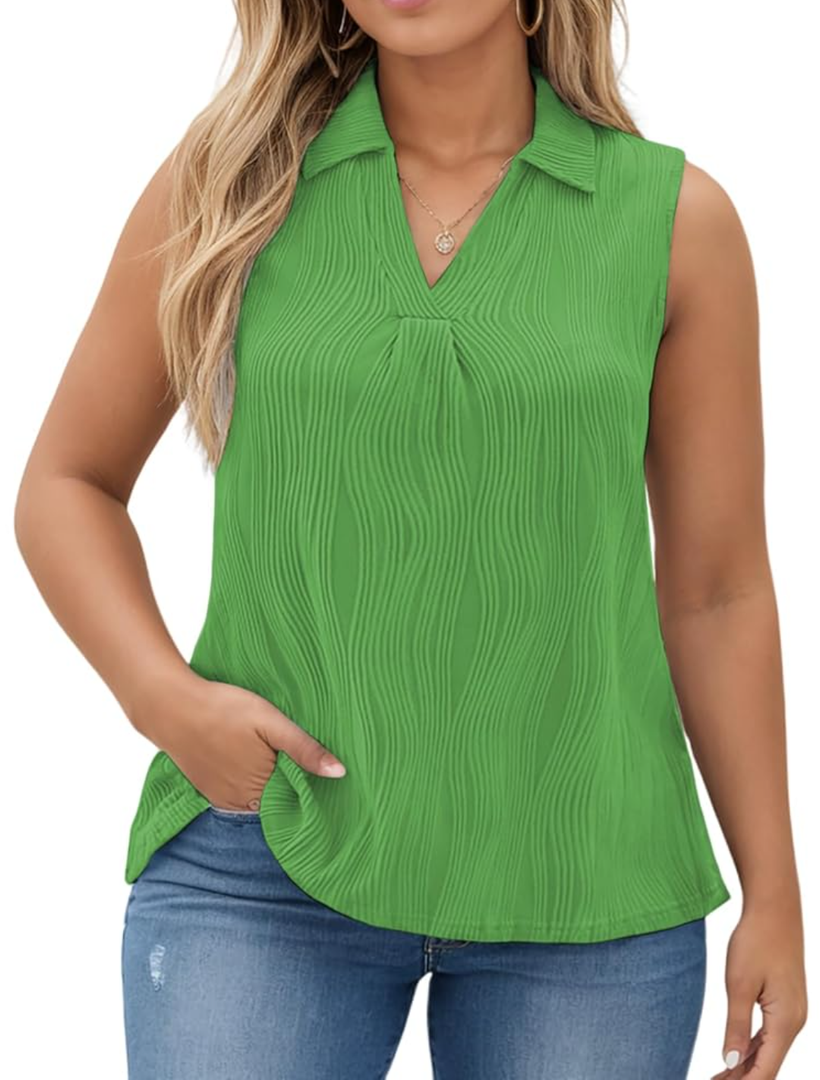 DOLNINE Womens-Plus-Size-Summer-Tank-Tops Dressy V Neck Collared Polo Shirts Casual Sleeveless Tunics Trendy Textured Blouses XL