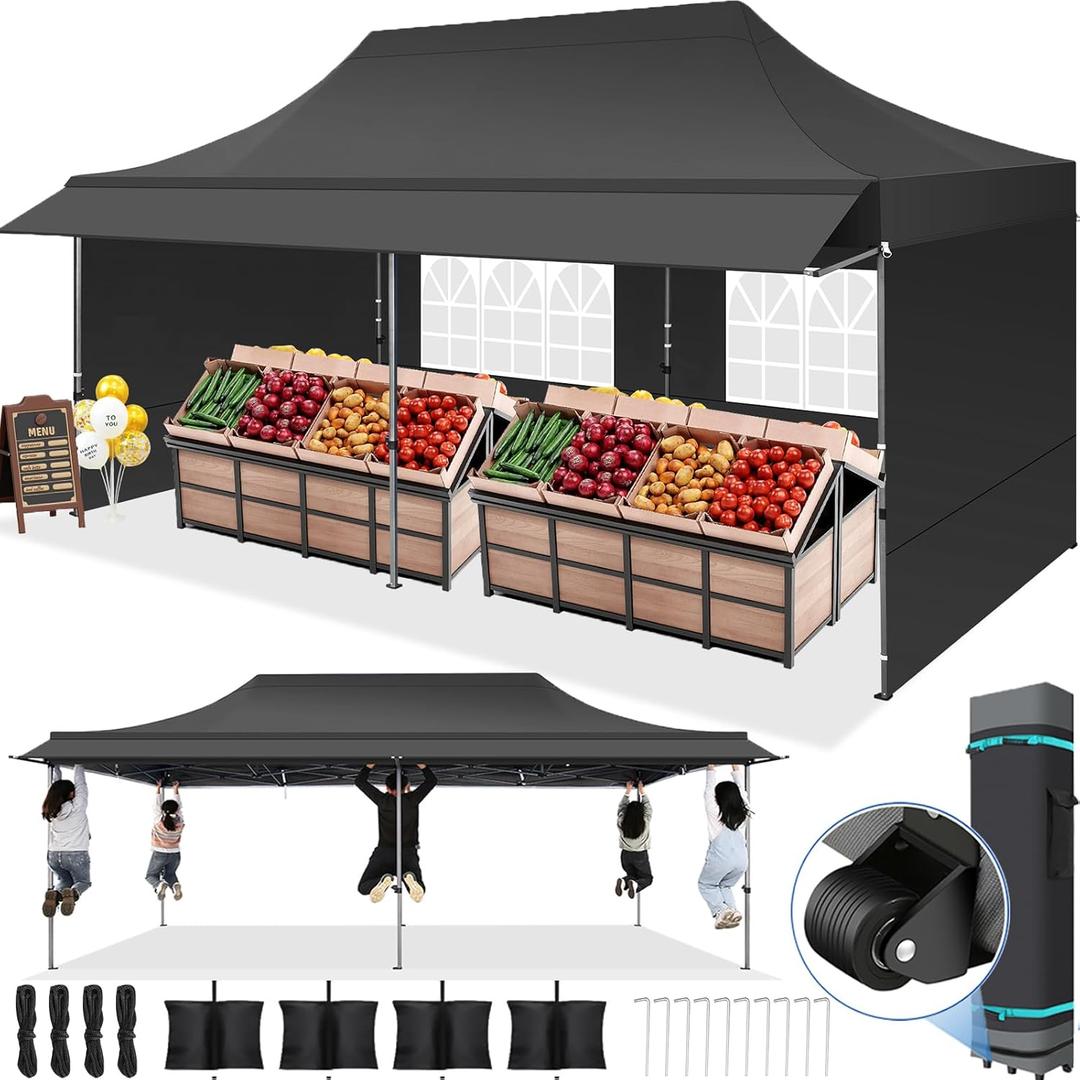 COBIZI 10x20 Pop Up Canopy Tent Heavy Duty with Sidewalls, Outdoor Commercial Canopy with Awning, Waterproof&45 SF Extended Awning, Vendor Tent for Market, Party Events, Black