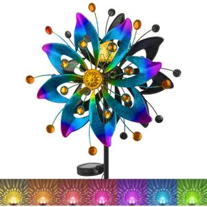 Solar Wind Spinner Outdoor with Color-Changing Lights, Garden Wind Spinners with Stake Metal Yard Decor, Large Outdoor Whirligigs Wind Spinners for Patio Pathway Lawn(Blue & Purple)