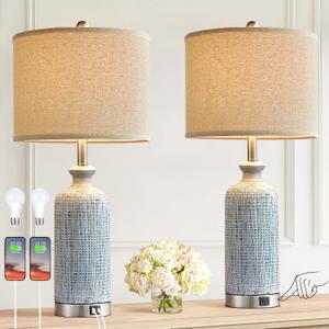Living Room Lamps Set of 2, 27" Touch Lamps for Nightstand with USB A+C Ports, Modern Farmhouse Table Lamps for Bedroom, 2 Bulbs Included