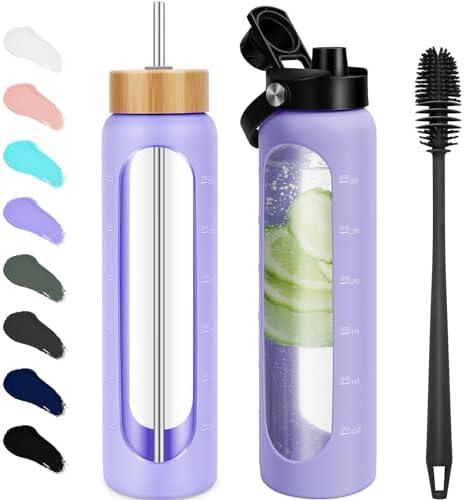 FULBEVY 32 oz Glass Water Bottles - 1 Liter Motivational Tumbler Water Bottle Time Marker - Borosilicate Glass Water Bottle With Silicone Sleeve and 2 Lids, Handle Spout & Bamboo Straw Lid