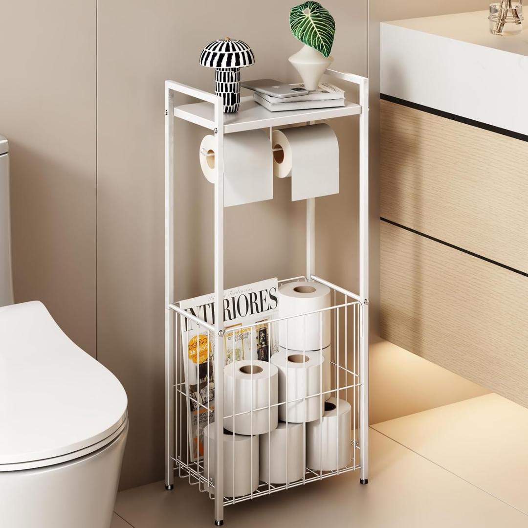 VOLDRA Toilet Paper Holder Stand with Storage Shelf, Free Standing Toilet Paper Roll Holder with Large Basket Heavy Duty Floor Double Tissue Dispenser for Bathroom Freestanding Tp Holder (Matte White)
