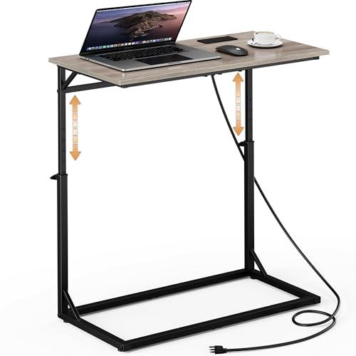 Vagusicc C Shaped End Table with Charging Station, C-Table End Table Adjustable Height Side Table for Couch, Large Couch Table, Slide Under Couch Table TV Tray Table for Sofa,Living Room,Bedroom, Grey