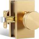 Satin Brass Door Knobs Interior with Lock, Modern Privacy Brushed Gold Brass Door Knob Door Handles Contemporary for Bathroom Bedroom Rectangle