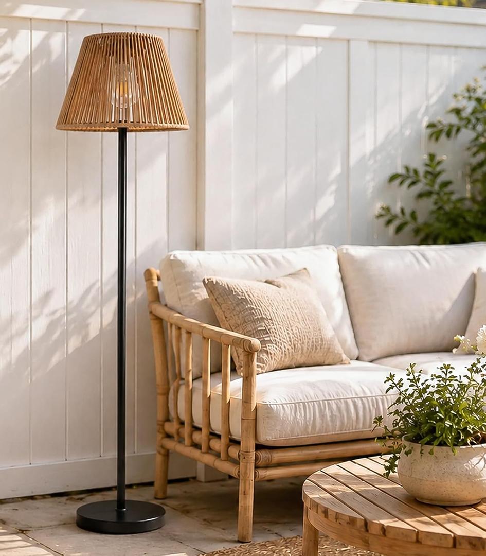 Outdoor Solar Floor Lamp,Waterproof Outdoor Floor Lamps for Patio Cordless Outdoor Rattan Floor Light for Patio, Porch, Garden,E26 Outdoor Standing lamp