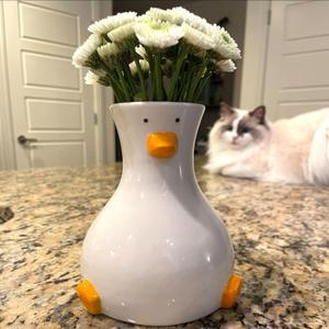Handcrafted Ceramic Duck Vase - White Modern Flower Vase with Unique Duck Design - Round Aesthetic Table Decor - Funky and Trendy Art Vase