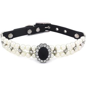 Pet Double Row Pearl Rhinestone Collar Cat Dog Necklace Adjustable Cute Gem Vintage Accessories(7.8 "-9.8") (Black)