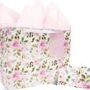 LaRibbons 13" Large Wedding Gift Bag, Bridal Shower Gift Bag with Tissue Paper and Greeting Card, Pink Watercolor Roses Design, Perfect for Mother's Day, Bride, Bridesmaids, Anniversary, Engagement Gifts