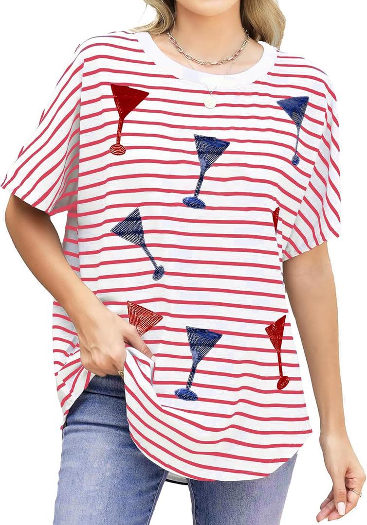 American Flag Stripe Shirts: Women 4th of July Round Neck Short Sleeve Patriotic T-Shirt Independence Day Tops (Medium, Red)