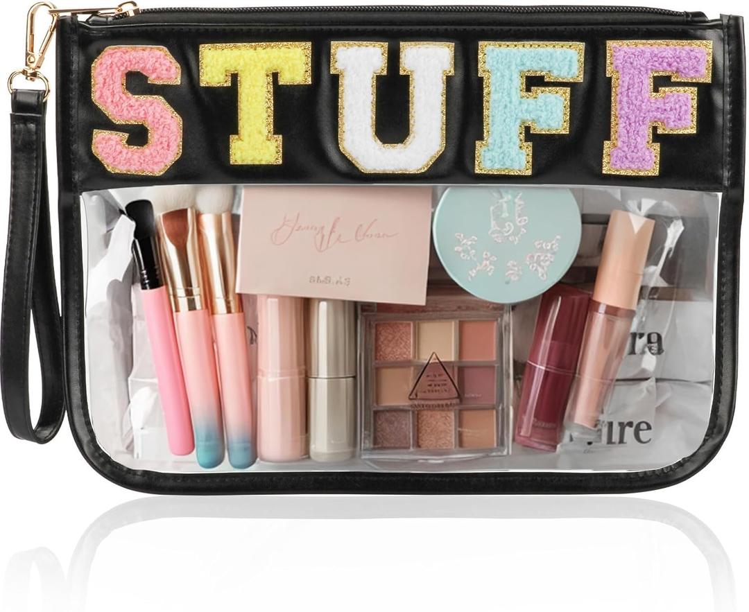 BuyCard Clear Stuff Bag for Travel, Preppy Chenille Letter Embroidered Zipper Pouch, Waterproof PVC & PU Leather Cosmetic Bag, Toiletry Makeup Bag for Women Girls Black