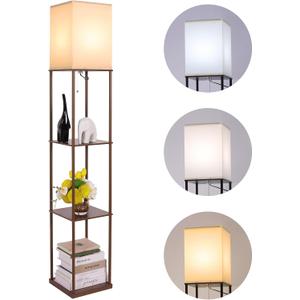 Floor Lamp with Shelves, Modern Square Standing Lamp with 3 Color Temperature Bulb, Corner Display Bookshelf Lamp for Living Room, Bedroom and Office (Brown)