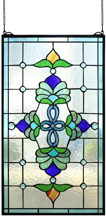 Yogoart Extra Large 32 Inch Vertical Blue Victorian Stained Glass Window Panels Hanging Transom Window Panels 20 Inch Wide