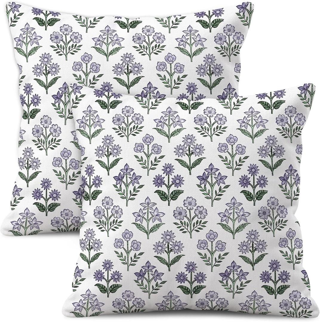 Green Purple Block Print Pillow Covers 18x18 Inch Set of 2 | White Linen Decorative Rustic Boho Throw Pillow Cases, Double-Sided Vintage Floral Printed Cushion Covers for Home Decor