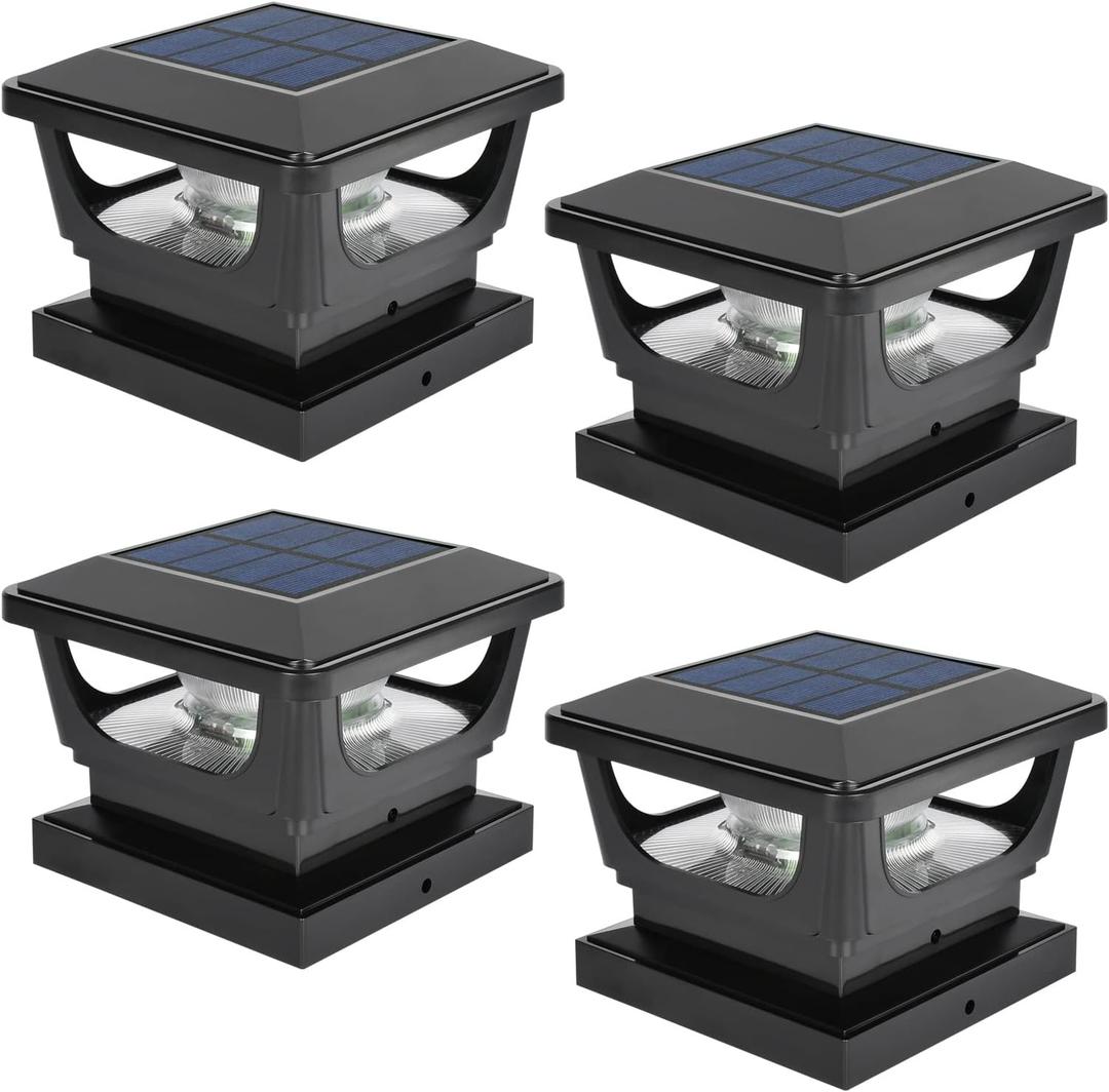 Sumaote Solar Post Lights, 6000K Cold White Solar Post Cap Light Fits 4 x 4 Wood, 3x3 & 4x4 PCV/Vinyl Fence Posts Outdoor Deck Light for Garden Yard Railing, IP65 Waterproof, Black Shell, 4 Pack