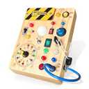 Iabedi Busy Board, Montessori Toy for 1-3 Years Old, Wooden Toddler Sensory Travel Toy, Ideal Gift for 1+ Year Old Boys (Busy Board Plus V2), Medium, Yellow