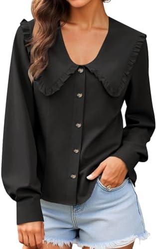 Cicy Bell Womens Peter Pan Collar Shirts Summer Button Down Long Sleeve Tops Dressy Casual Cute Blouses L
