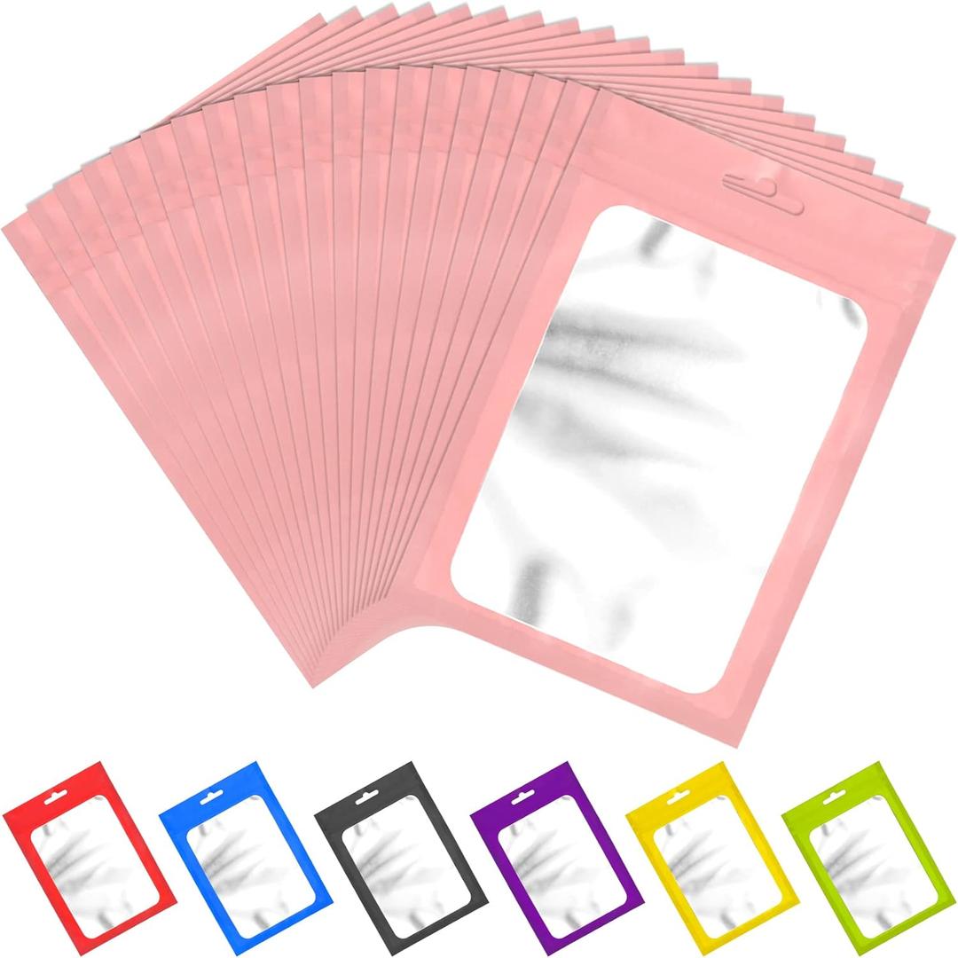 100 Pieces Resealable Mylar Bags with Zip and Clear Window Smell Proof Packaging Bags Foil Pouch Zip Bag for Food Self Sealing Storage Supplies (Pink, 2.753.93 inches)
