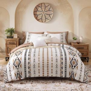 CASAAGUSTO Full Size Comforter, 7 PCS Boho Comforter Full Size, Bohemian Striped Bed in A Bag, Soft Bedding Set for All Seasons(Brown, 80"X90")