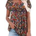 Baby Doll Tops for Women Bohemian Square Neck Petal Short Sleeve Versatile Tshirt Slim Soft Floral Printed Boho Flowy Folds Tunic Blouse S