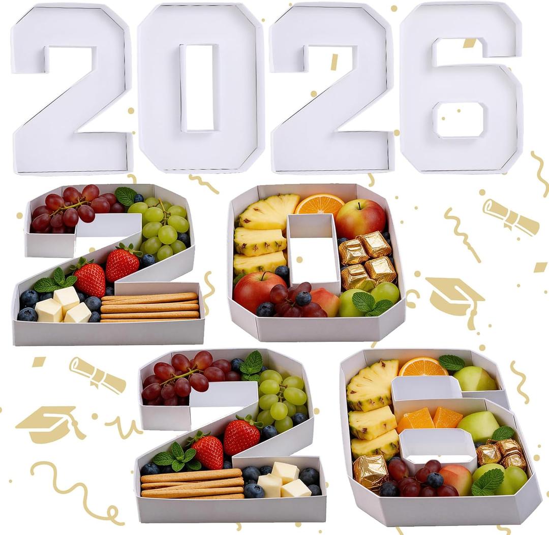 2026 Graduation Decorations - 4 Pcs 2026 Charcuterie Fillable Numbers Charcuterie Board Box Serving Trays Graduation Centerpieces for Tables Grad Party Decorations Supplies(White)