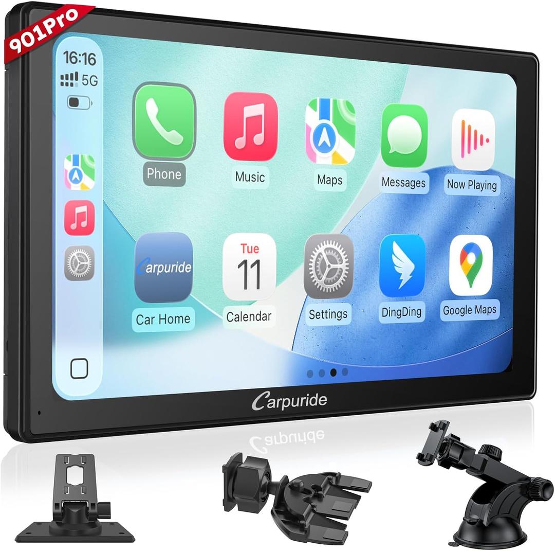 CARPURIDE W901 Pro with Wireless Bluetooth Transmission Portable Carplay & Android Auto Car Stereo, 1080P Touch Screen, Mirror Link/GPS/Siri/FM, with 3 Bracket
