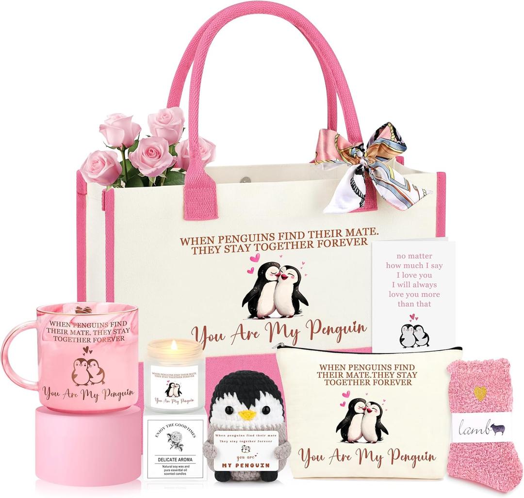 Anniversary Birthday Gifts for Women Wife Girlfriend, Penguin I Love You Romantic Gifts for Her Basket Set of 7