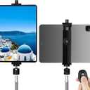 iPad Tripod Mount Adapter with Ball Head, Universal 360 Rotatable Tablet Clamp Holder with Bluetooth Remote for iPad Pro 12.9, iPad Air Mini, Galaxy Tab, Selfie Stick(6.2-11.8")