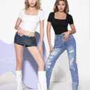 MANGOPOP Women's Square Neck Top Double Lined Short Sleeve Long Sleeve T Shirt Fitted Seamless Tee (Black, L)