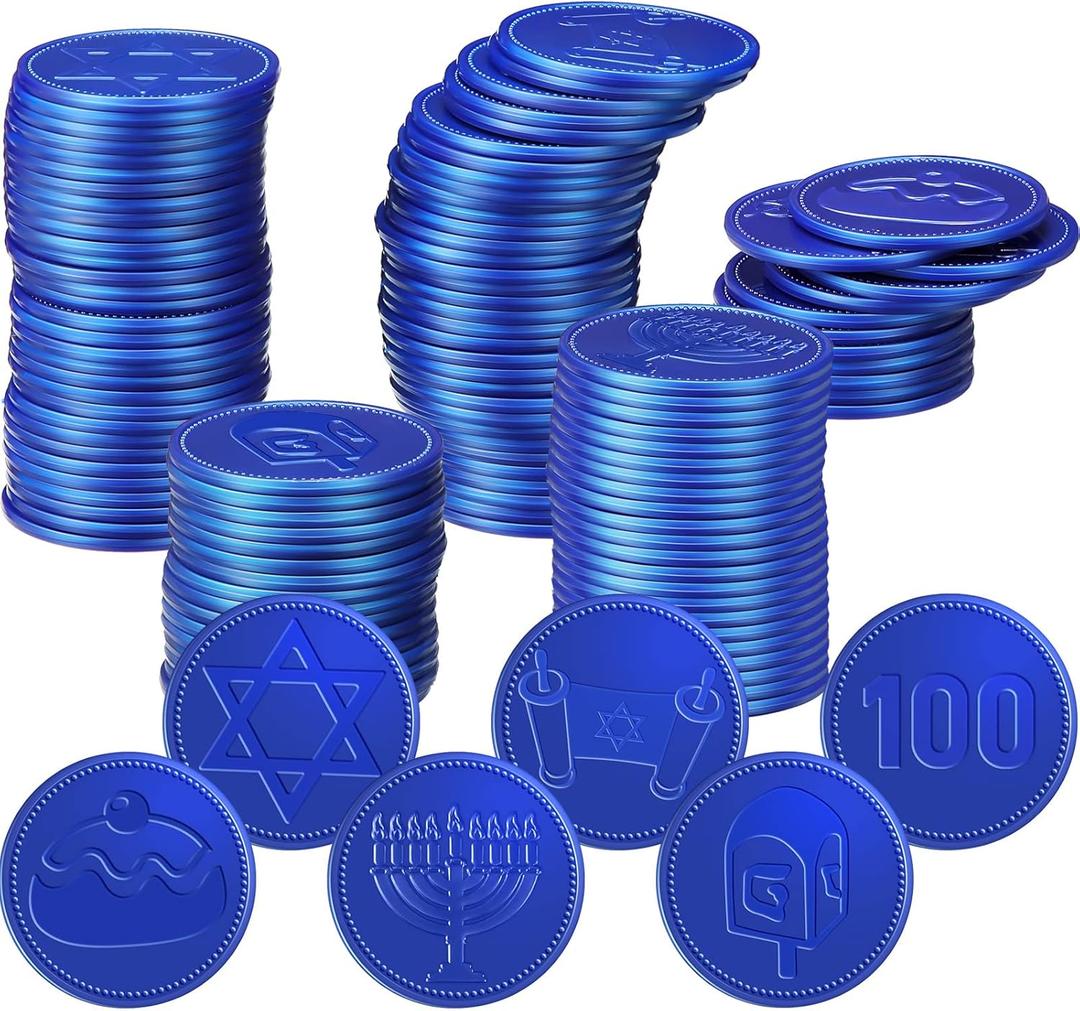 Zubebe 300 Pieces Plastic Hanukkah Gelt Coins Bulk Dreidel Menorah Star of David Design Coins for Hanukkah Party Favors Decorations, 6 Styles for Treasure Hunt Game (Blue)
