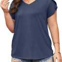 Womens Plus Size Tops V Neck T Shirts Casual Loose Petal Sleeve Tee Shirts (Blue, L)