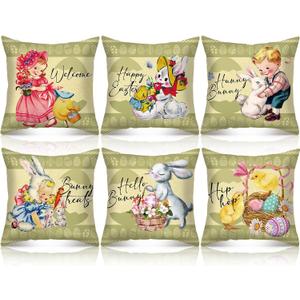 FuWeave Set of 6 Easter Pillow Covers 18x18 Vintage Easter Bunny Egg Throw Pillows Cases Easter Rustic Spring Country Holiday Square Pillowcase