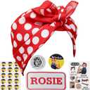 Rosie The Riveter Costume Kit, Bandana, Name Patch, Pin Badges, Stickers, and Tattoos 1940s Woman Historically Accurate Dress-Up Accessories