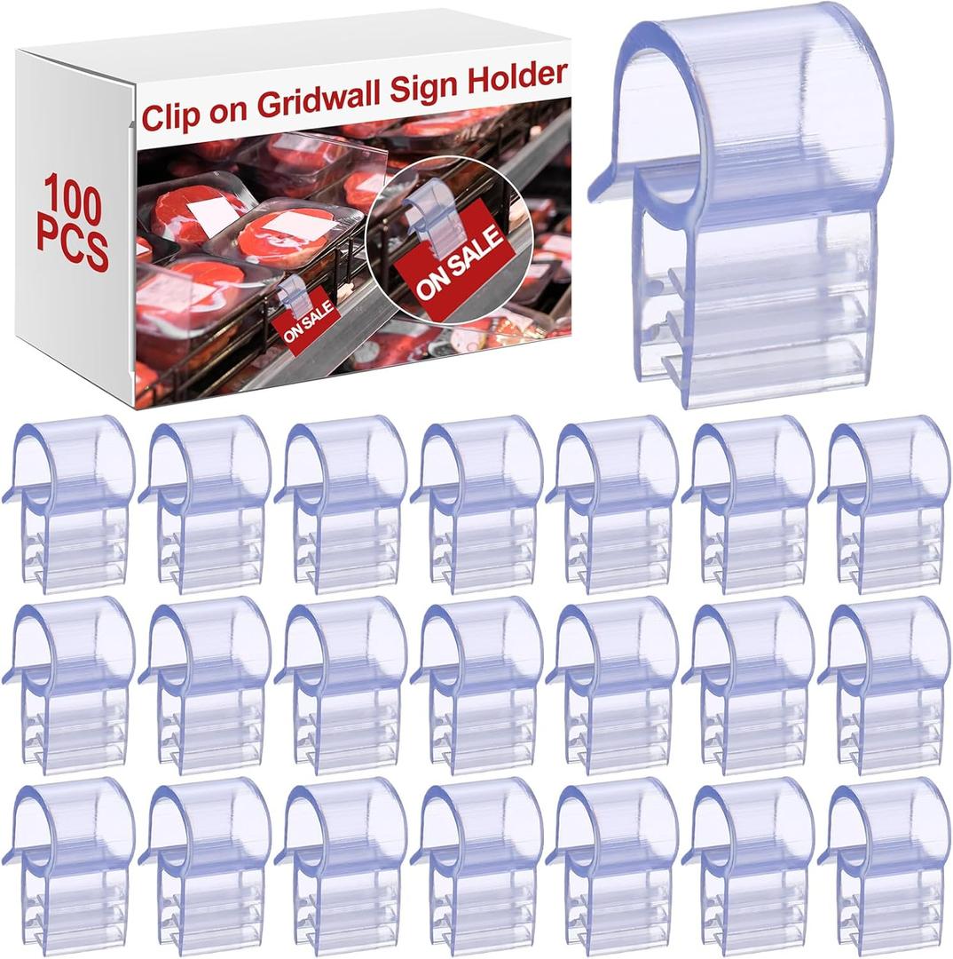 Kathfly 100 Pcs Clip on Gridwall Sign Holder Clip PVC Plastic Display Price Tag Holder Gridwall Accessories for Wire Rack, Slatgrid, Wire Wall Grid Panel (1/ 2 Inch)