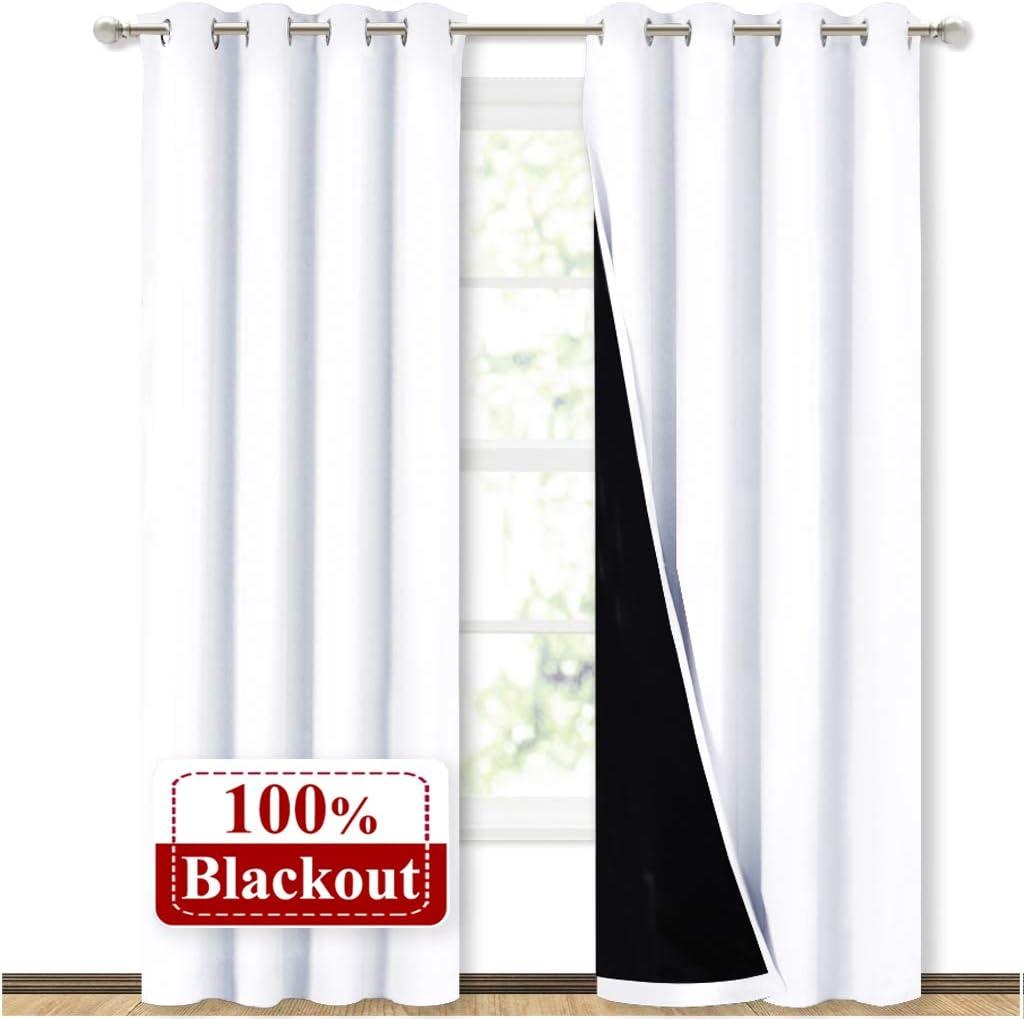 NICETOWN 100% Blackout Window Curtain Panels, Cold and Full Light Blocking Drapes with Black Liner for Nursery, 84 inches Drop Thermal Insulated Draperies (White, 2 Pieces, 52 Wide Each Panel) (52"W x 84"L (Pack of 2), Pure White)