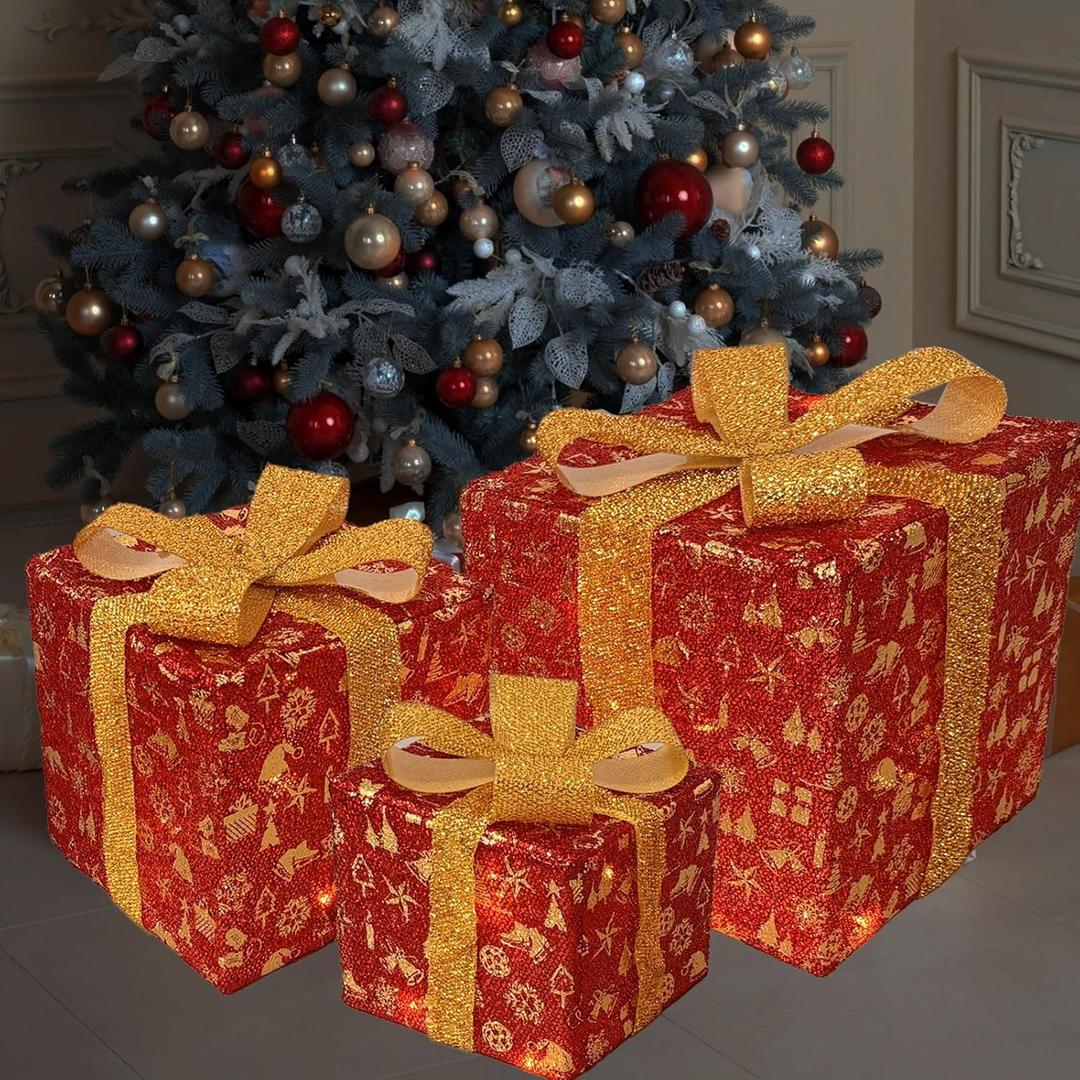 Christmas Decorations Lighted Gift Boxes, Set of 3 50 LED Light up Red Boxes with Bow, Suitable for Christmas Indoor Outdoor Decoration Xmas Tree Yard Decor(1 Pack)