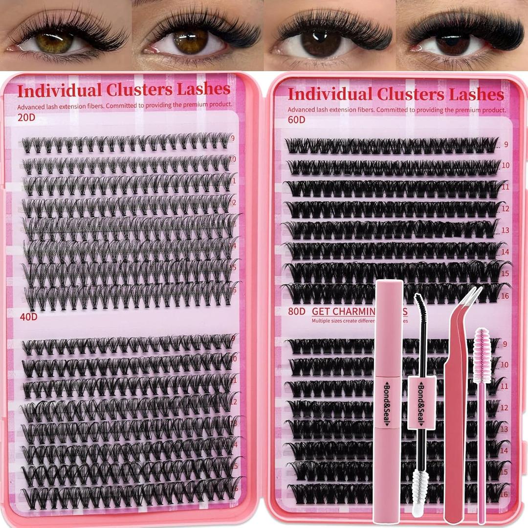 Lash Clusters Kit for Beginners Eyelash Clusters Kit Lashes Clusters Kit Cluster Lashes Pestaas Postizas Naturales with Lash Bond&Seal,Lash Tweezers,Brush RITALASH(640pcs 20D+40D+60D+80D Kit,9-16mm)