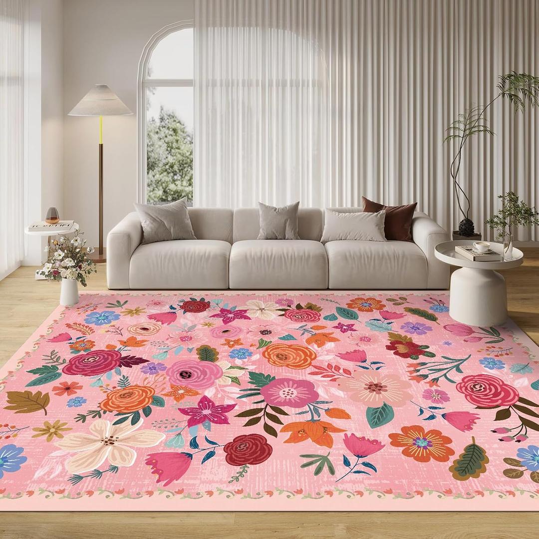 Washable Boho Area Rug 8'10' Hot Pink White Large Living Room Rug Floral Non-Slip Soft Oriental Vintage Color Bedroom Carpet Dining Room Nursery Home Office Indoor Decor