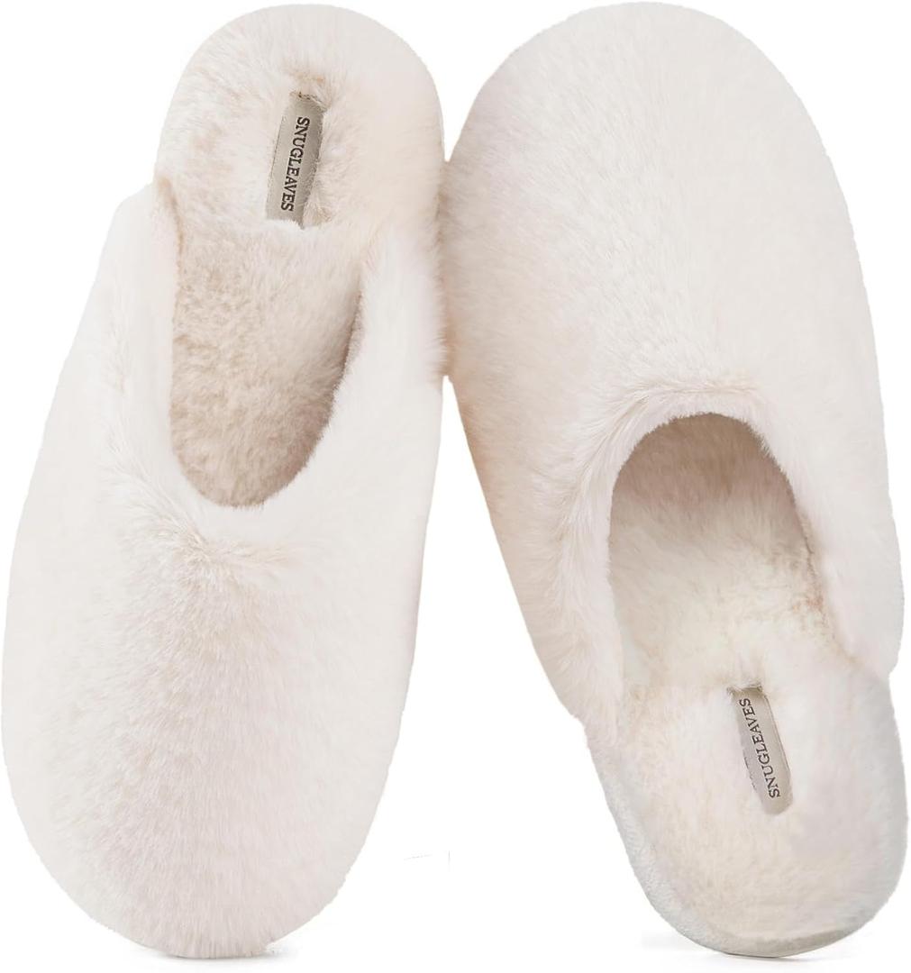 Snug Leaves Women's Fuzzy Scuff Slippers Soft Comfy Memory Foam Non-slip Indoor House Shoes (11-12, Cream White)