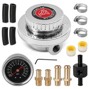 Universal Adjustable 1-5 PSI Carb Fuel Pressure Regulator Kit with 0-15 PSI Gauge, Fuel Block, and 8mm & 10mm Adapters for Carburetor Engine