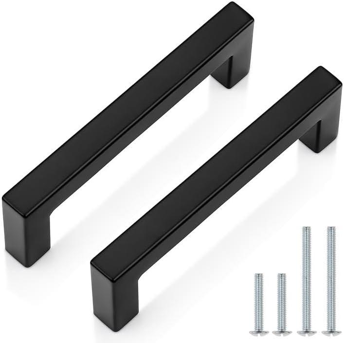 Probrico 30 Pack| Black Cabinet Handles 3-3/4 Inch(96mm) Hole Centers Drawer Pulls Stainless Steel Kitchen Cabinet Handles Matte Black Square Drawer Handles Modern Cabinet Hardware