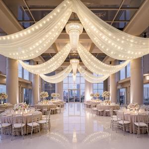 6 Panels Beige Ceiling Curtains with Lights for Weddings - 5ftx10ft Wrinkle-Free Tulle Fabric Wedding Arch Draping Ceiling Drapes Decorations for Wedding Party Ceremony Stage Tent Event
