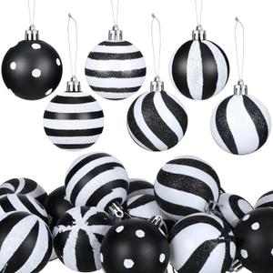 Riceshoot 24 Pcs Christmas Black and White Ball Ornaments Xmas Plastic Stripe Dot Hanging Ball for Christmas Tree Party Decoration Supplies(2.36 Inch) (Classic Style)