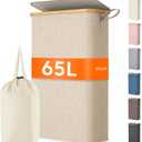 Lifewit 65L Slim Laundry Hamper with Lid, Narrow Laundry Basket with Removable Bag & Bamboo Handles, Fodable Thin Dirty Clothes Hamper for Laundry Collapsible Bin for Bathroom Bedroom Dorm, Beige