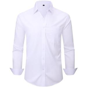 corfty Men Long Sleeve Dress Shirt - Regular Fit Stretch Free-Wrinkle Casual Button Down Shirt, L